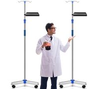 Nuanchu 2 Pcs Portable IV Pole with Wheels Medical IV Stand with Tray Adjustable Tube Holder Stainless Steel IV Stand Rack for Clinic Home Pediatric Nursing Infusion Practice and Therapy, 2 Hooks