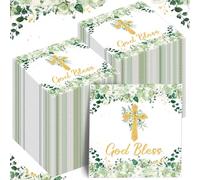 Nuanchu 200 Pcs God Bless Napkins Baptism Napkins First Holy Communion Green Floral Napkins Cross Religious Paper Napkins for Christening Religious Party Decorations