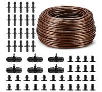 Nuanchu 328 ft 1/4 Inch Hydroponics Dripline Hose with 6" Emitter Spacing Irrigation Dripline Tubing Kit with 6 Pcs 3-way Connectors 20 Pcs 1/4" Couplings 30 PC End Plugs for Garden Irrigation, Brown