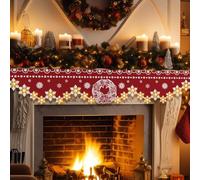 Nuanchu Christmas Mantel Scarf 96 x 18 Inch Lighted Red Fireplace Mantel Scarf with Snowflake Wreath Decoration Christmas Lace Fireplace Cover Runner with Light for Holiday Xmas Winter Home Decoration