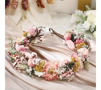 Nuanchu Dried Flower Wedding Headband Daisy Rabbit Tail Flower Crown Pink Real Floral Bridal Bridesmaid Headpiece with Ribbon Boho Women Birthday Festival Maternity Photo Props Wedding Party Prom