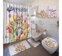 Nuanchu - Set of 6 Easter Shower Curtains with Rug, Bathroom Sets with Shower Curtain, U-Shaped Mat, 2 Bath Towels and 12 Hooks, Rabbit Flower Design