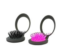 NuAngela Travel Hair Brush With Mirror Compact Pocket Size, Folding Mirror Mini Pop Up Hairbrush Set,Pocket Brush Hair Massage Comb Easy Keep in Purse Car Gym Bag Locker (Black Pink)