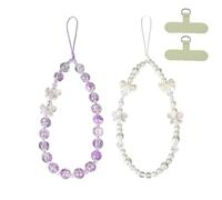 NUANJUYU 2PCS Handmade Beaded Phone Strap, Crystal Butterfly Bow Pearl Phone Lanyard Wristlet Keychain for Women（Crystal Purple, White