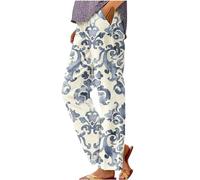 Nuaoxyeu 1 Pound Items Women's Cotton Linen Trousers Casual Loose Fit Summer Floral Printed Pants Drawstring Elasticated Waist Straight Leg Pants Fashion Oversized Boho