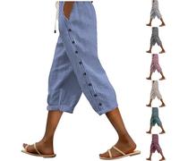 Nuaoxyeu 2 Pound Items Linen Trousers Womens Striped Three Quarter Pants Side Buttons High Elastic Waist Bottoms Drawstring Wide Leg Leisure Pants Summer Linen Trousers Womens