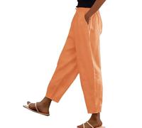 Nuaoxyeu 3/4 Trousers for Women UK Cotton Linen Trousers Women Lightweight Loose Summer Pants Drawstring Elastic Solid Color Bottoms Straight Wide Leg Joggers with Pockets My Orders