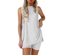 Nuaoxyeu 5 Monthly Payments Items Lounge Wear Sets for Women UK Summer Baggy Two Piece Outfit Set Sleeveless Crew Neck Side Split Tank Top With Shorts Casual Tracksuits Homewear