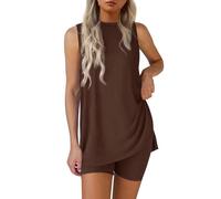 Nuaoxyeu 5 Monthly Payments Items Lounge Wear Sets for Women UK Summer Baggy Two Piece Outfit Set Sleeveless Crew Neck Side Split Tank Top With Shorts Casual Tracksuits Homewear