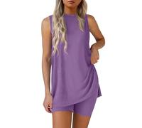 Nuaoxyeu Cancel My Order Lounge Wear Sets for Women UK Summer Baggy Two Piece Outfit Set Sleeveless Crew Neck Side Split Tank Top With Shorts Casual Tracksuits Homewear