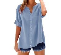 Nuaoxyeu Deals of The Day Lightning Deals Women Tops V Neck Stand Collar Short Sleeve Shirts Casual Lightweight Linen Blouse Plus Size Tunic Tops Casual Loose Fit Going Out Under 1 Pound