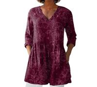 Nuaoxyeu Deals of The Day Sale Prime Ladies Tops Women V Neck Linen Shirts Casual Baggy Long Sleeve Floral Print Tunic Tops Classic Loose Fit Blouse Soft Beach Wear Plus Items Under 1 Pound