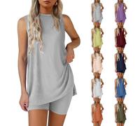 Nuaoxyeu Deals Of The Day Sale Prime Lounge Wear Sets for Women UK Summer Baggy Two Piece Outfit Set Sleeveless Crew Neck Side Split Tank Top With Shorts Casual Tracksuits Homewear