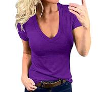 Nuaoxyeu Items Under 3 pounds Ladies Tee Shirts Women's Solid Color V Neck Fashion Sexy Short Sleeve T Shirt Shirts for Women Baggy T Shirts for Women UK Deal of The Day Purple
