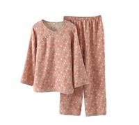 Nuaoxyeu Japanese Sleepwear Women Loose fit Cotton Pyjamas Vintage Jacquard Loungewear Two Piece Long Sleeve V Neck Tops and Trouser Sets Lightweight Floral Print Kimonos Night Wear
