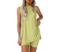 Nuaoxyeu Limited Time Deals Lounge Wear Sets for Women UK Summer Baggy Two Piece Outfit Set Sleeveless Crew Neck Side Split Tank Top With Shorts Casual Tracksuits Homewear