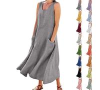 Nuaoxyeu My Orders Deals of The Day Women Dresses Plus Size Summer Dresses Casual Baggy Crew Neck Sleeveless Tank Dress Solid Color Loose Holiday Vacation Dress with Pockets Elegant A Line