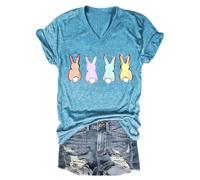 Nuaoxyeu My Orders Placed Recently by Me Women's Easter T Shirt Pastel Bunnies Print V Neck Tee Tops Casual Baggy Short Sleeve Shirts Fashion Loose Fit Pullover Shirts Cozy Plain White Tshirt