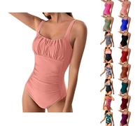 Nuaoxyeu My Orders Swimming Costume Women Tummy Control Push Up Square Neck One Piece Swimsuits Solid Color Pleated Suspender Fashionable Swimwear Sexy Curve Bathing