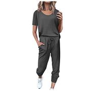 Nuaoxyeu Prime Deals of The Day Black of Friday Tracksuit Womens Full Set Casual Loose Fit Lounge Wear Short Sleeve Crew Neck Shirts Blouse And Drawstring Pants Trousers Co Ord Sets With Pockets