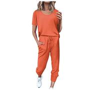 Nuaoxyeu Prime Deals of The Day Black of Friday Tracksuit Womens Full Set Casual Loose Fit Lounge Wear Short Sleeve Crew Neck Shirts Blouse And Drawstring Pants Trousers Co Ord Sets With Pockets