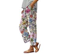 Nuaoxyeu Prime Deals of The Day Black of Friday Women's Cotton Linen Trousers Casual Loose Fit Summer Floral Printed Pants Drawstring Elasticated Waist Straight Leg Pants Fashion Oversized Boho