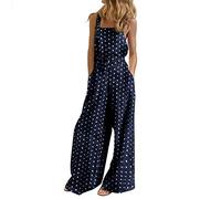 Nuaoxyeu Prime Deals of The Day Womens Jumpsuits Casual Dot Button Boho Jumpsuit Square Neck Dungarees Loose Summer Overalls Long Wide Leg Rompers Pants Baggy Playsuit with Pocket Holiday