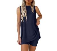 Nuaoxyeu Save 5 Percent Off 4 Items Lounge Wear Sets for Women UK Summer Baggy Two Piece Outfit Set Sleeveless Crew Neck Side Split Tank Top With Shorts Casual Tracksuits Homewear