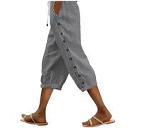 Nuaoxyeu Stuff for 1 Pound Linen Trousers Womens Striped Three Quarter Pants Side Buttons High Elastic Waist Bottoms Drawstring Wide Leg Leisure Pants Summer Women's Dungarees