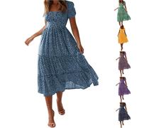 Nuaoxyeu Things for 1 Pound Dresses for Women Casual Square Neck Summer Dress Short Flare Sleeve Floral Print Maxi Dress Loose Fit Ruffle Swing Beach Dresses Woman Dress Summer