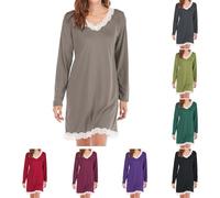 Nuaoxyeu things for 1 pound Nighties for Women Plus Size Long Sleeve Nightdresses Baggy Lace V Neck Nightgowns Casual Loose Fit Sleepwear Top Fashion Pull On plus size lingerie