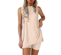 Nuaoxyeu Warehouse Deals Clearance Lounge Wear Sets for Women UK Summer Baggy Two Piece Outfit Set Sleeveless Crew Neck Side Split Tank Top With Shorts Casual Tracksuits Homewear