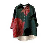 Nuaoxyeu Women Linen Shirts Vintage Art Print Lapel V Neck Button Up Blouses Casual Oversized Long Sleeve Tunic Tops Baggy Lightweight Tee Tops Stylish Holiday Tops Loose Fit Tee Shirts