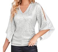 Nuaoxyeu Women Sparkly Tops V Neck Glitter Sequin Tops 3/4 Sleeve Party Tops Shiny Ladies Christmas Tops Elegant Plus Size Shirts Soft Baggy Blouse Casual Prime Deals of The Day Prime Sale