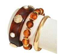 Nuatc 1 Set Bold Sea Inspired Multilayer Stackable with Shell Waved Design Lightweight Resin Iron Jewelry for Women Adjustable Resin Pearls Arm Stack