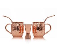 NUBAR Moscow Mule Cocktail Set - Set of 2 Premium Copper Mugs with Copper Jigger and Straws - Reusable Barware and Bartender Set