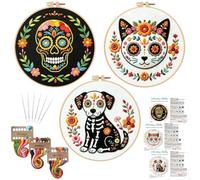Nuberlic 3 Pack Embroidery Kit for Beginners, Day of the Dead Needlepoint | Beginner Friendly Day Of The Dead Embroidery Kit Handmade Gift Pre Printed Patterns Complete Cross Stitch Starter Kit DIY