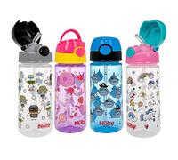 Nuby 2-Pack Kid’s Printed Flip-it Active Water Bottle with Push Button Cap and Soft Straw - 18oz / 540ml, 18+ Months, 2-Pack, Prints May Vary