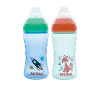 Nuby 2 Pack No Spill Printed Thirsty Kids No-Spill Sip-it Sport Cup with Soft Spout and Lid - 12oz, 12+ Months, 2 Pack, Blue Rocket & Aqua Fox