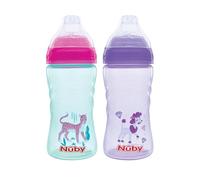 Nuby 2 Pack No Spill Printed Thirsty Kids No-Spill Sip-it Sport Cup with Soft Spout and Lid - 12oz, 12+ Months, 2 Pack, Aqua Cheetah & Purple Puppy Dog