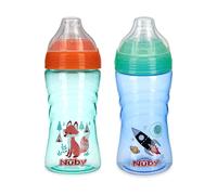Nuby 2 Pack No Spill Printed Thirsty Kids No-Spill Sip-it Sport Cup with Soft Spout and Lid - 12oz 12+ Months 2 Pack rocket/fox