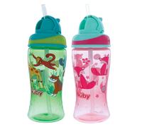 Nuby 2-Pack Thirsty Kids No-Spill Flip-it Printed Boost Cup with Thin Soft Straw - 12oz 18+ Months 2-Pack Pink Fox & Green Tiger
