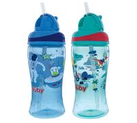 Nuby 2-Pack Thirsty Kids No-Spill Flip-it Printed Boost Cup with Thin Soft Straw - 12oz 18+ Months 2-Pack Blue Astronaut & Aqua Mountain