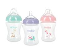 Nuby 3-Pack Infant Feeding Bottles with Slow Flow Breast Size Silicone Nipple: 0+ Months, 8oz, 3 Pack Set: Delicate Llama, Snail, Unicorn Prints