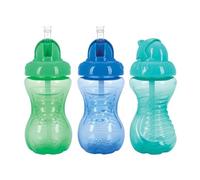 Nuby 3 Pack No Spill Flip it Soft Straw Toddler Sippy Cups - Toddler Cups Spill Proof with Easy and Firm Grip - Green, Blue, Aqua