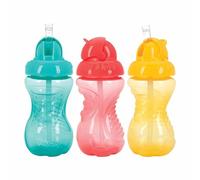 Nuby 3 Pack No Spill Flip it Soft Straw Toddler Sippy Cups - Toddler Cups Spill Proof with Easy and Firm Grip - Aqua, Coral, Yellow