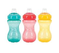 Nuby 3 Pack No Spill Toddler Sippy Cups - Toddler Cups Spill Proof with Easy and Firm Grip - BPA Free Toddlers Cups - Aqua, Coral, Yellow