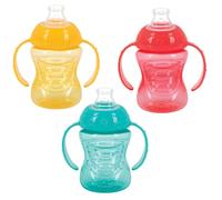 Nuby 3 Pack Two Handle No Spill Toddler Sippy Cups - Toddler Cups Spill Proof with Easy and Firm Grip - BPA Free Toddlers Cups - Aqua, Yellow, Coral