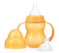 Nuby 3-Stage Wide Neck No Spill Bottle with Handles And Non-Drip Juice Spout, 3 Months, 8 Ounce, Orange