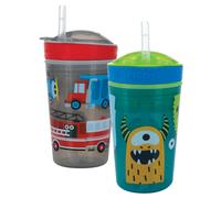 Nuby All in One Snack Bowl and No Spill Soft Straw Cup - 2 Pack Aqua Monsters & Grey Cars - Snack N' Sip, Holds: 4.5 oz Container with Lid and 9 oz/ 2